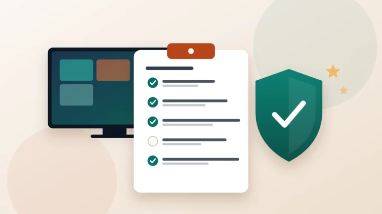 Illustration of a checklist clipboard and a security shield beside a TV