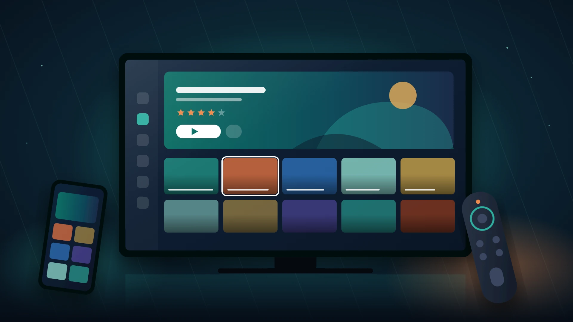 Smart TV showing a streaming interface with a remote control and phone, lit in teal and amber